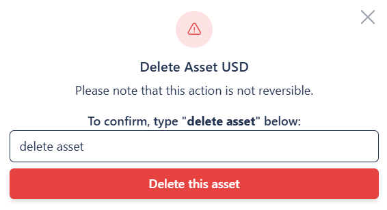 A screenshot of the Rafiki Admin application user interface displaying the "Delete Asset" modal window.